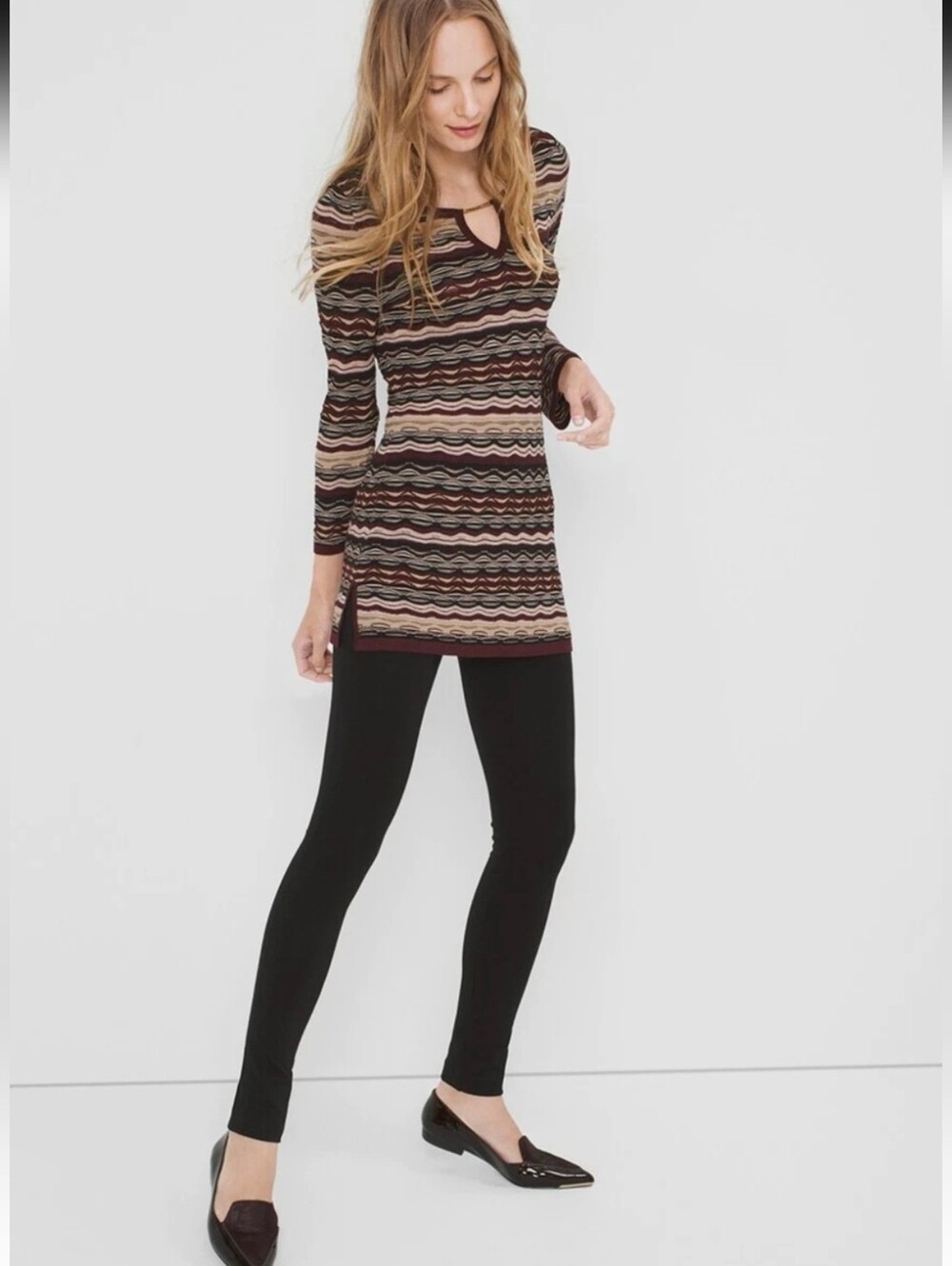 White House Black Market Zigzag Knit Bar Neck Tunic Size Small Fall Colors